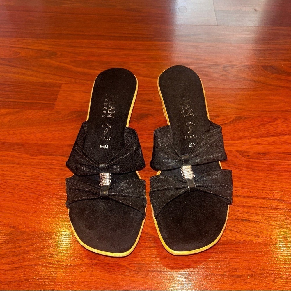 Italian Shoemakers Black Bow Wedge Sandals Slide Mules Made in Italy Womens 8.5M - Picture 5 of 8
